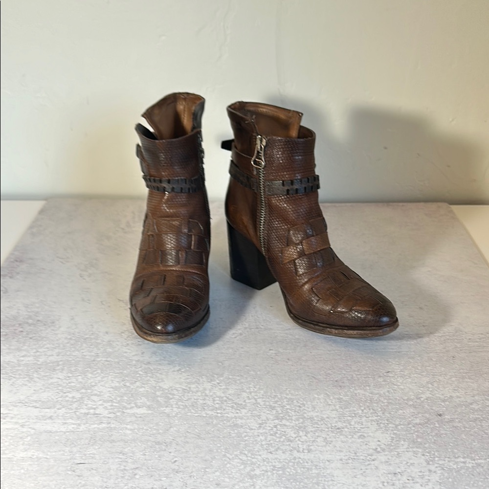 A.S.98 Women’s Brown Woven Leather Ankle Booties - Picture 2 of 5